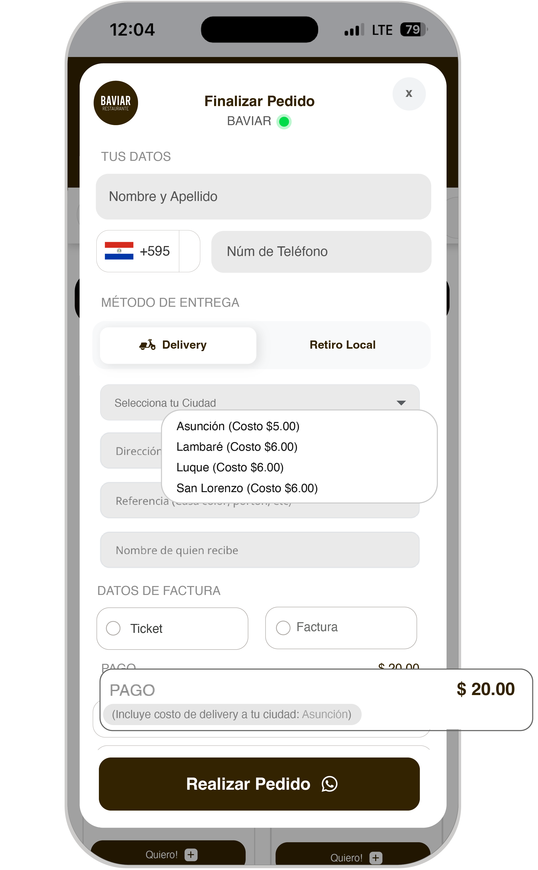 Pantalla de celular mostrando configuración de costo de delivery dinámico por zona