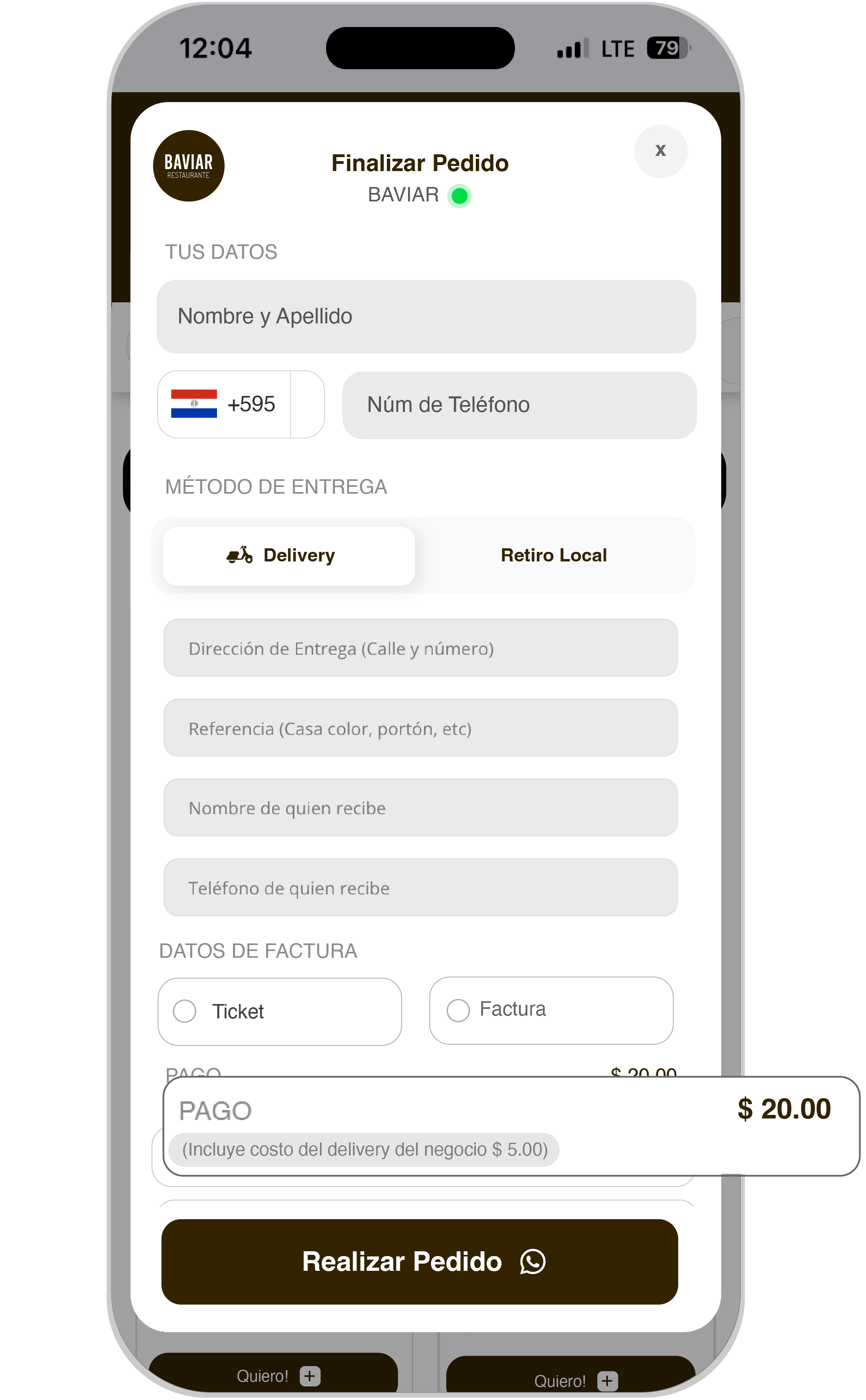 Pantalla de celular mostrando configuración de costo de delivery fijo