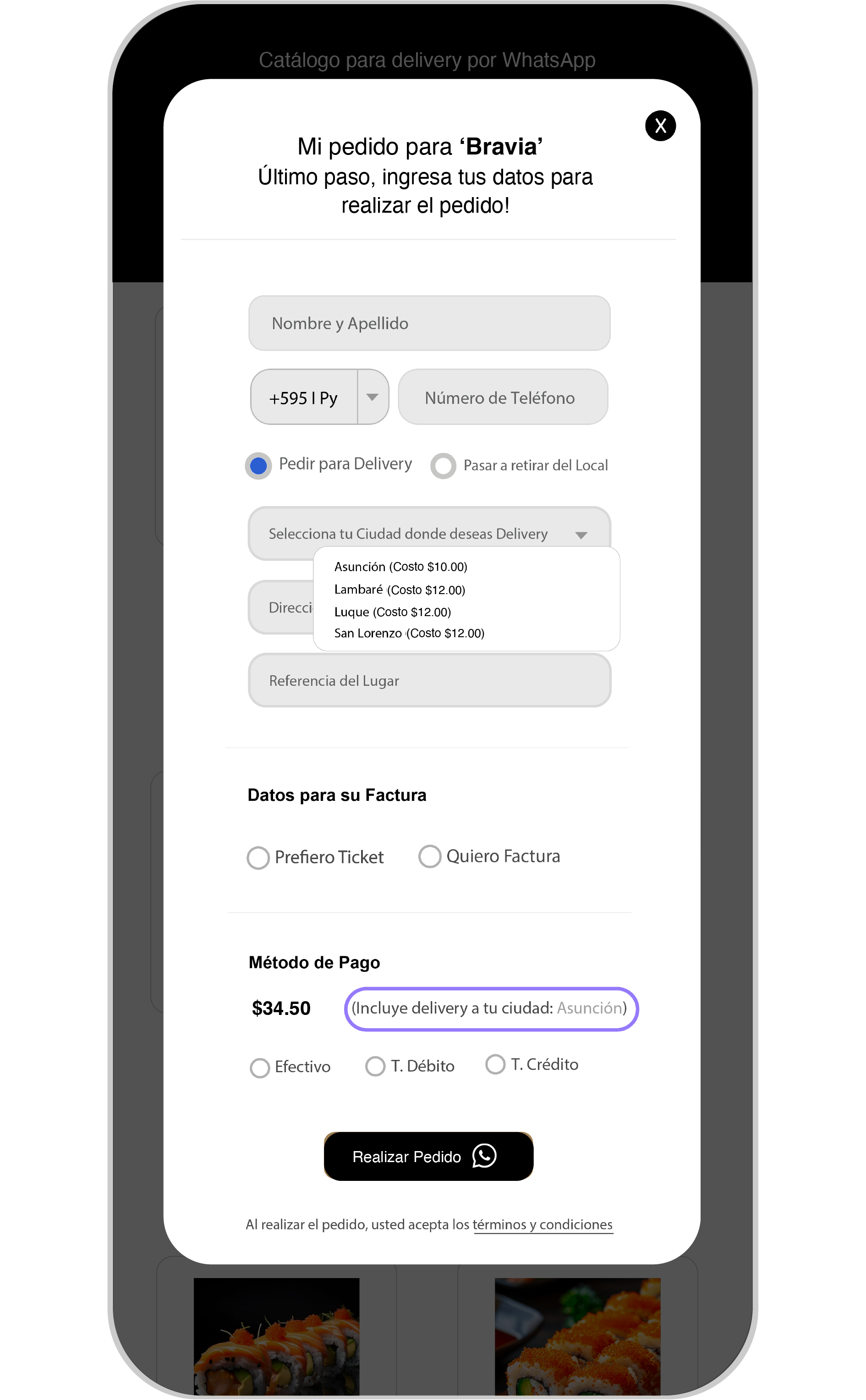 Pantalla de celular mostrando configuración de costo de delivery dinámico por zona