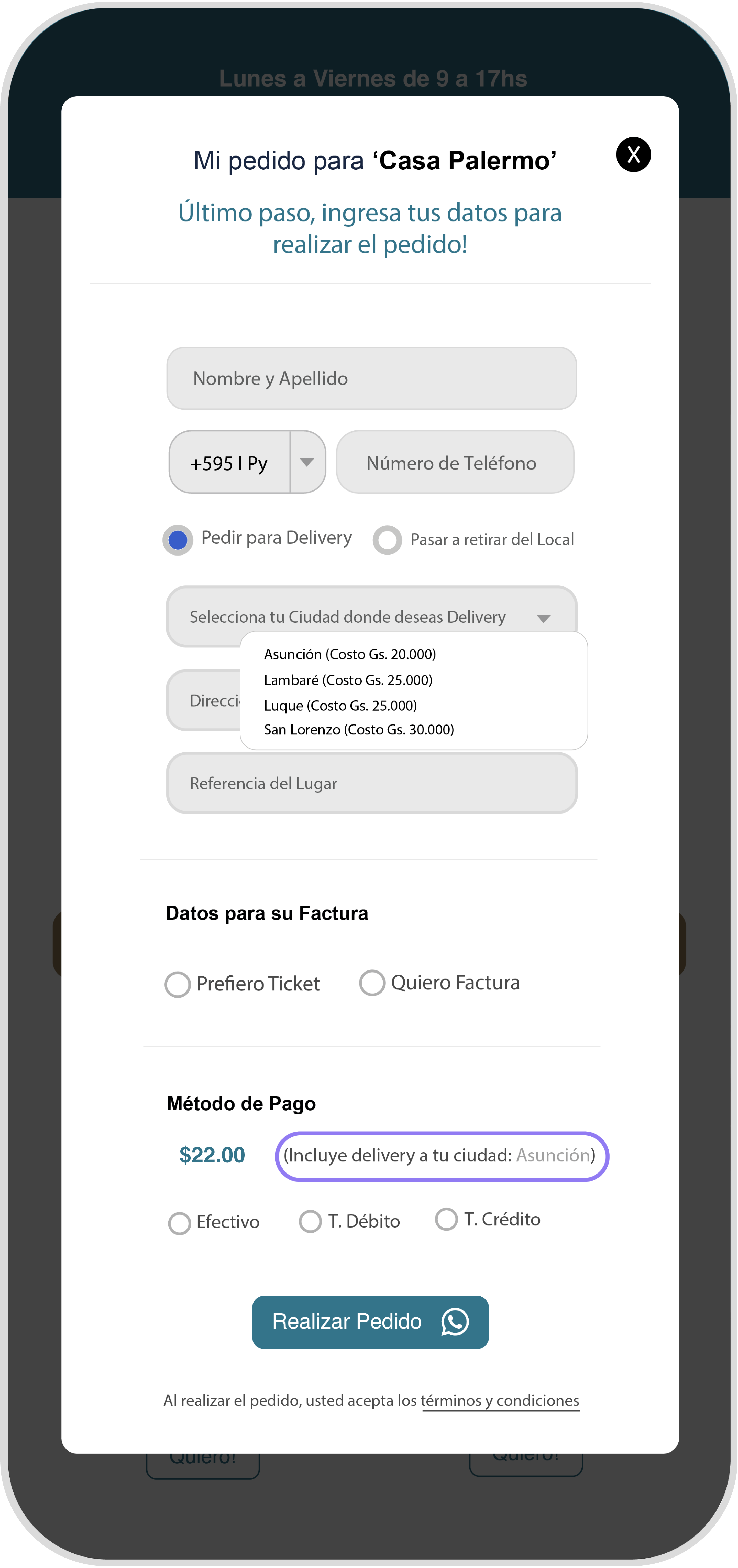 Pantalla de celular mostrando configuración de costo de delivery dinámico por zona