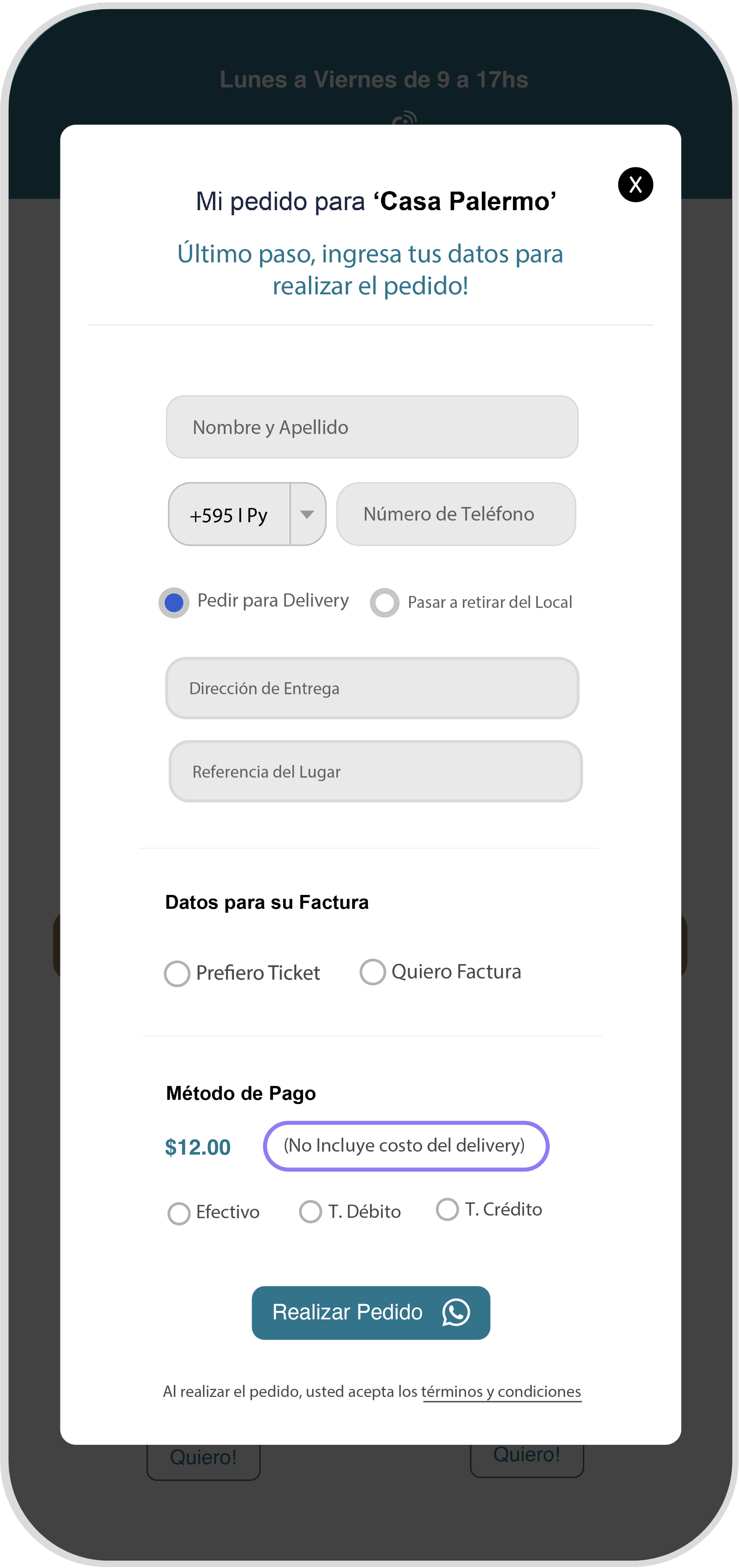 Pantalla de celular mostrando opción de no mostrar costo de delivery