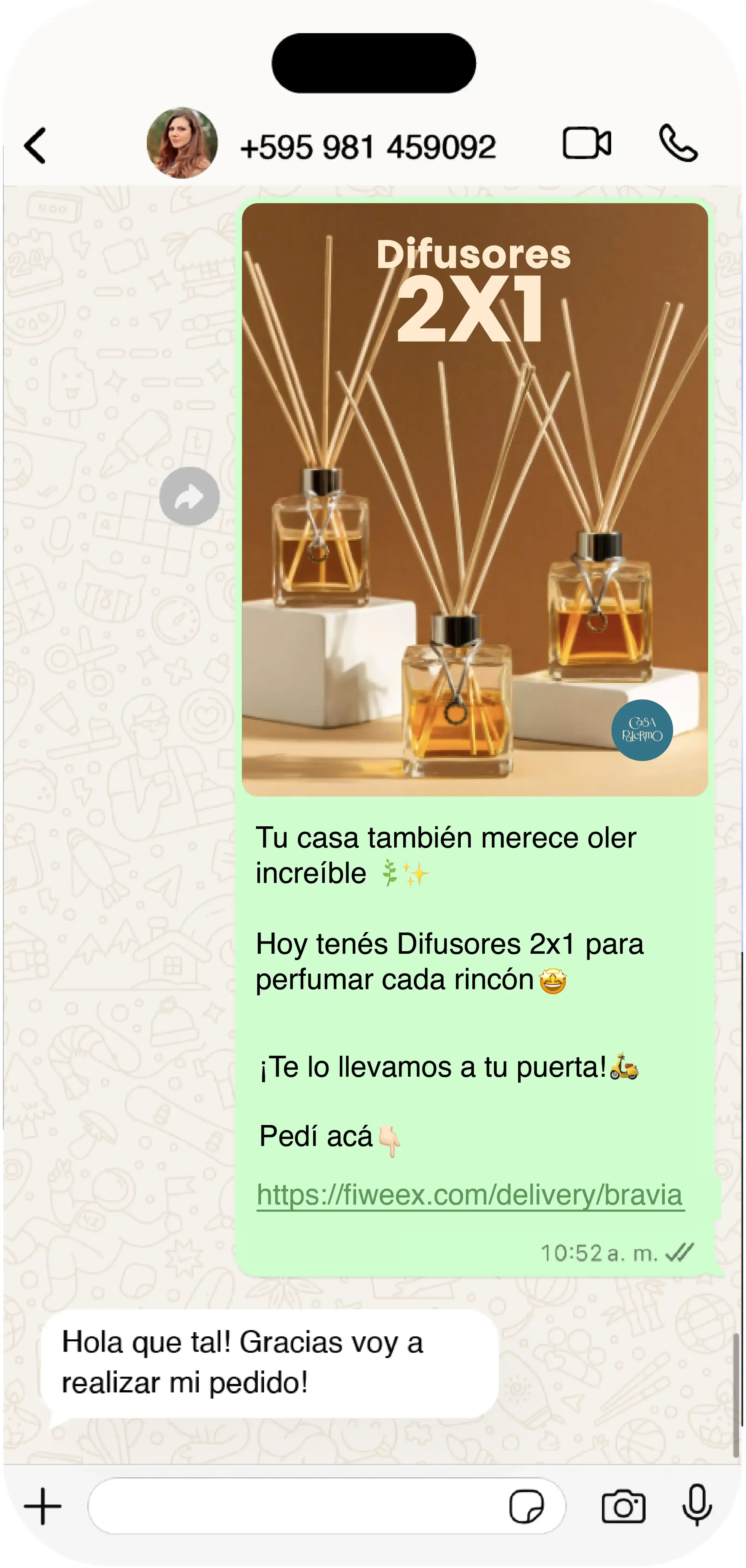 Chat de WhatsApp mostrando campañas masivas y base de datos de clientes