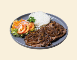 BIFE ACEBOLLADO CON ARROZ Y ENSALADA